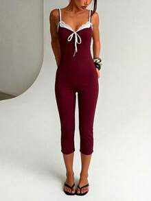 Contrast Color Strap Summer Women's Jumpsuit - Burgundy - View 4