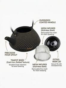 A Japanese-Style Cast Iron Teapot, Suitable For Brewing Tea Over A Fireplace, Perfect For Home Use As A Tea Set. It Features An Open Flame And A Handle, And Comes In Various Textured Designs. Sizes Range From 780-1200ml. - Gold-dot Hammered Iron Kettle (780ml) - View 2