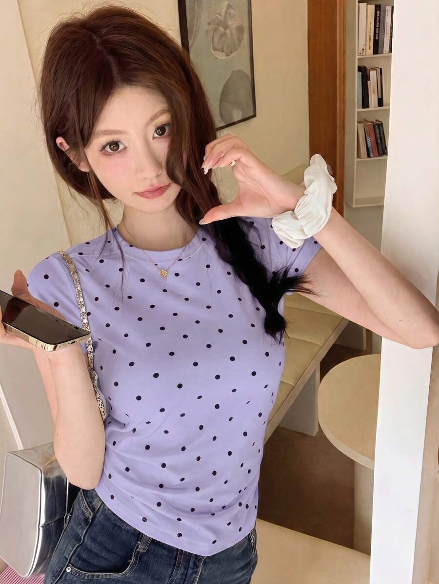 Women's Korean Style Round Neck Slim Fit Casual Short Sleeve Polka Dot T-Shirt, Summer - Purple - View 1