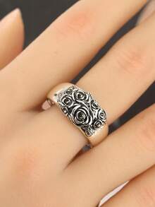 1pc Vintage Antique Silver Embossed Rose Wide Band Ring, Retro Floral Carved Finger Jewelry For Men - Vintage Flower Ring - View 4
