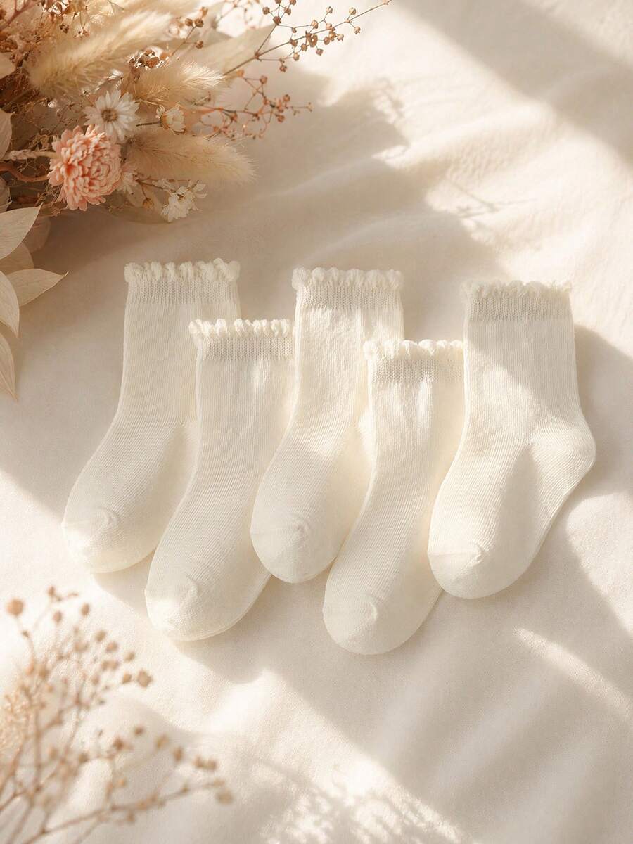 春夏 1/5/10雙兒童/女童米色蕾絲襪,簡約時尚百搭四季款,親膚舒適柔軟透氣休閒運動襪,適合日常穿著/節日禮物/旅行/返校/校園穿搭/運動穿搭/教室/新學期/開學/學生/返校季穿搭,多種組合可選 - 米色 - 查看 1