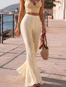 Women's Apricot Boho High-Waisted Sheer Lace Flare Pants, Perfect For Beach Outings, Everyday Wear, Or A Street-Chic Edgy-Yet-Innocent Look. - Apricot - View 1
