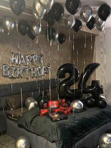 46件組 銀色與黑色裝飾氣球，16英吋銀色「Happy Birthday」字母橫幅氣球，18英吋銀色心形氣球，黑色與金屬色乳膠氣球，適合男性/男友生日/酷炫生日裝飾 - 銀黑色系 - 查看 6