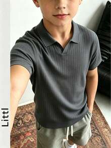 Boys' Teen Student Casual Solid Color Crew Neck Pullover Knit Ribbed Short Sleeve T-Shirt Spring/Summer Top - Dark Grey - View 8
