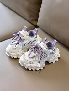 1 Pair Kids Colorblock Mesh Chunky Sneakers, Breathable Non-Stuffy, Round Toe Mid-Top Hook & Loop Lace-Up, Thick Sole Height-Increasing, Versatile Back-To-School Campus Shoes - Purple - View 1