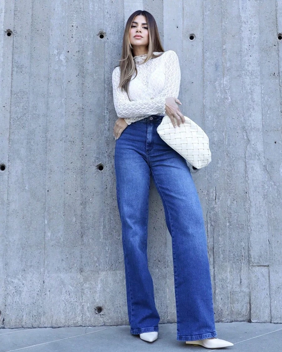 Wide Leg Jeans With Elastane - 青碧色 - 查看 1