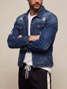 Men's Classic Mid-Wash Blue Denim Trucker Jacket Casual Denim Coat - Blue - View 5