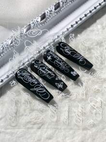 1pc Luxury Vintage Cursive English Nail Art Sticker, Featuring Cursive English Phrases And Minimalist Line Butterfly Decorative Elements, Suitable For Mature Commute, French Date, Evening Party, Wedding Dress Styling, Aesthetic Outfits, Etc., DIY Use For Career Women, Nail Art Enthusiasts, Press-On Nail Shop Owners, Wedding Nail Artists Nail Stickers - White - View 10