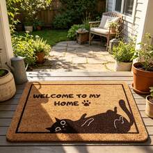 1pc Black Border Slouchy Cat Paw Print Funny Slogan "WELCOME TO MY HY HE" Doormat, Bestselling Popular Minimalist Cute Pet Flannel Rectangular Rug, Adorable Slouchy Cat Silhouette Thin Paw Border Funny Text Pattern, Non-Slip Absorbent Easy To Clean Entrance Floor Mat, Suitable For Hallway, Kitchen, Balcony, Bedroom, Study - Multicolor - View 1
