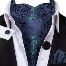 Navy Blue Green Leaf Vine Ascot Cravat And Accessories, 4 In 1 Formal Neckwear Set With Corsage For Banquet - Mint Blue - View 1