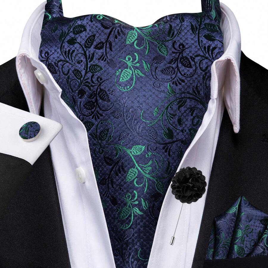 Navy Blue Green Leaf Vine Ascot Cravat And Accessories, 4 In 1 Formal Neckwear Set With Corsage For Banquet - Mint Blue - View 1