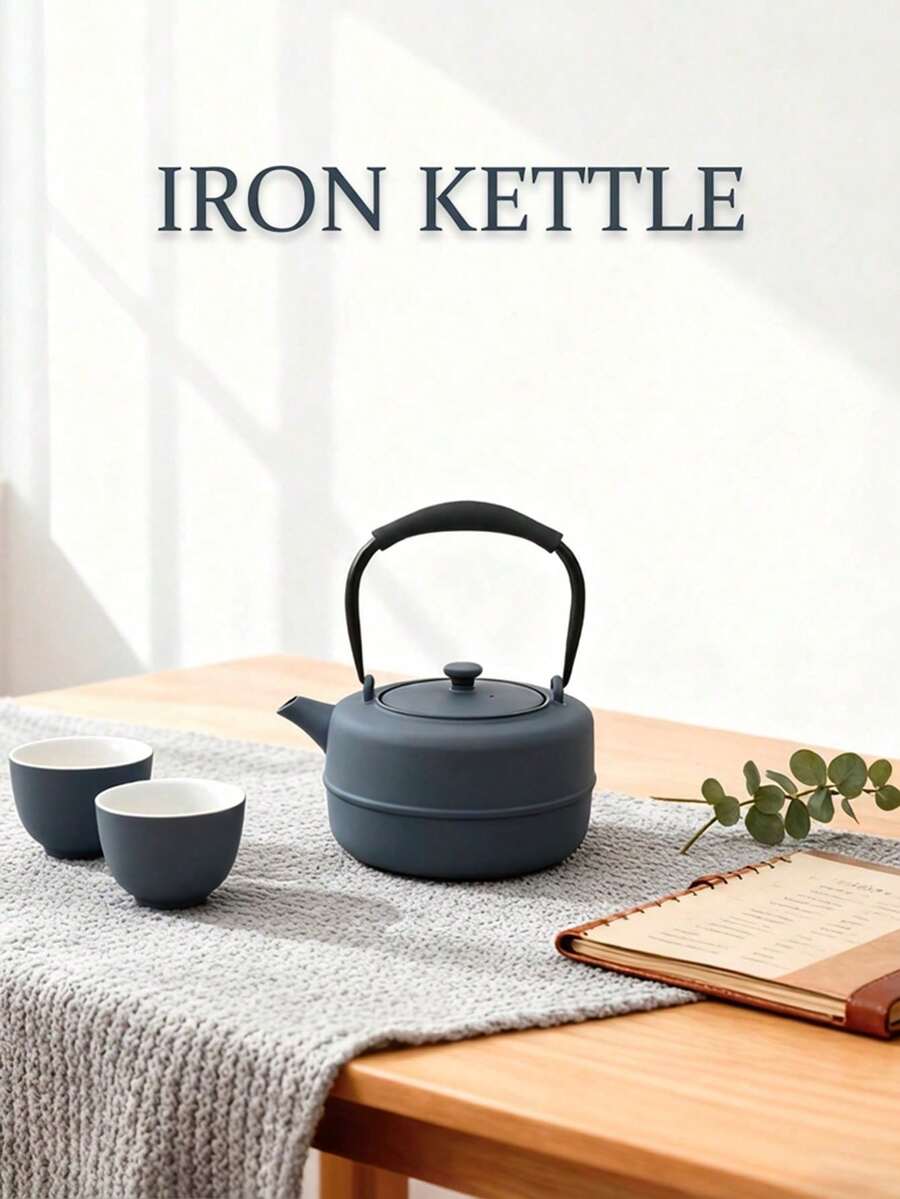 A Japanese-Style Cast Iron Teapot, Suitable For Brewing Tea Over A Fireplace, Perfect For Home Use As A Tea Set. It Features An Open Flame And A Handle, And Comes In Various Textured Designs. Sizes Range From 780-1200ml. - Striped Black Iron Kettle (1000ml) - View 1
