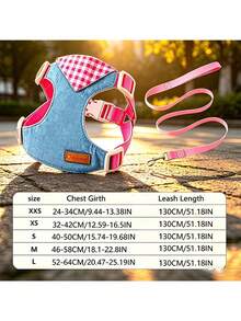 1 Set Pet Harness And Leash Set, Dog And Cat Denim Anti-Pull Harness, Adjustable Durable Dog Vest, Personalized Pet Gear - Multicolor - View 4