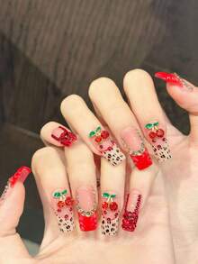 Long Rectangle Fake Nails Cherry Red Leopard Print 10 Pieces Handmade Press On Nails - Red - View 10