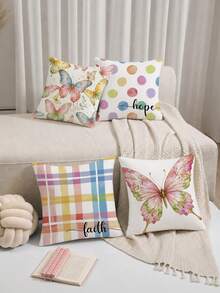 shangxia 4PCS- Ins Spring Watercolor Butterfly Pattern Printed Pillow Covers, Soft Rainbow Polka Dot Plaid Healing Inspirational Handwritten English Cushion Covers, Fresh Gentle Healing Atmosphere Soft Decor Essential - (Pillow Insert Not Included) - (Printed) - (No Embroidery) - Multicolor - View 8
