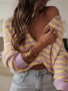 Plus Size Striped Knit Cardigan Women V‑Neck Button Front Long Sleeve Plus Size Sweater Top Casual Fall Winter Daily Street Outfit - Mauve Purple - View 4