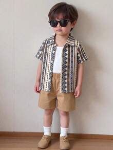 2pcs/Set Boys Casual Vintage Geometric Print Short Sleeve Collared Shirt And Shorts Set, Summer Beach Vacation - Brown - View 1