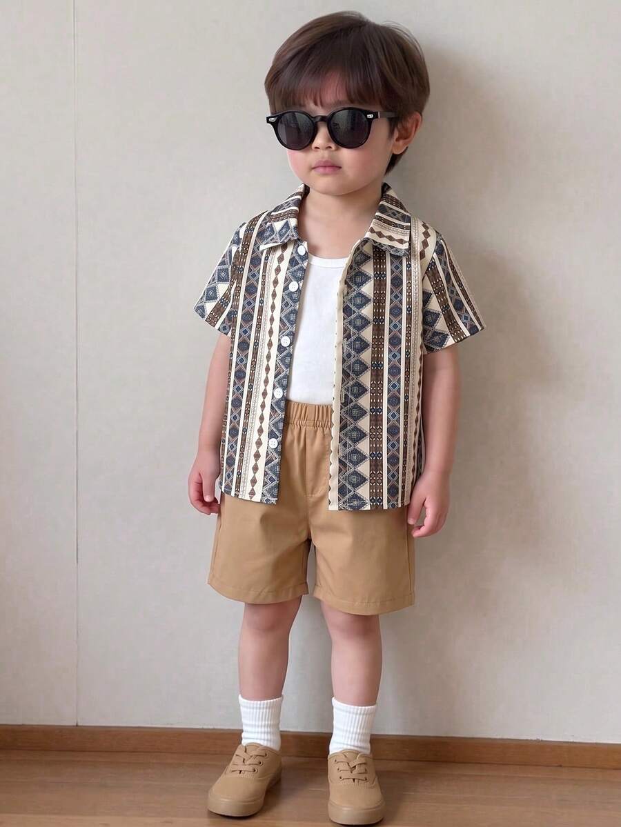 2pcs/Set Boys Casual Vintage Geometric Print Short Sleeve Collared Shirt And Shorts Set, Summer Beach Vacation - Brown - View 1