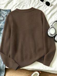 Women's Plus Size Casual Top: Faux Knit Style, Cute Cat Print, Preppy Round Neck Long Sleeve, Suitable For Autumn/Winter Outdoor Wear - Brown - View 2