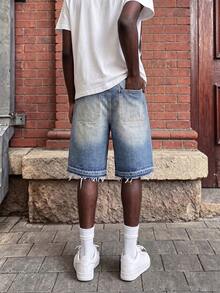 2pcs/Pack American Street Style Distressed Frayed Denim Shorts, Men's Loose Straight Leg Fit, 2 Colors, Summer Casual Commuter Shorts - Multicolor - View 6