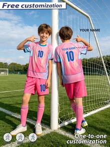 Customizable New Pink Soccer Jersey Set #10, Personalized Name Customization, Polyester And Spandex Crew Neck Top With Slight Stretch, Unisex, Suitable For Soccer Party, Weekend Casual, Running, Yoga, Hiking -- Spring/Summer Sportswear, Suitable For Outdoor Activities, Breathable - Pink - View 6