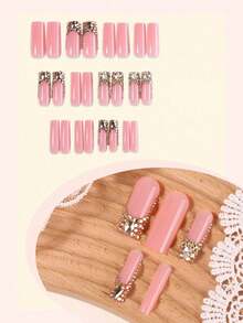 12pcs French Press-On Nails, Rectangular Design, Decorated With Large 3D Gold Glitter, Luxury Y2K Style, Smooth Surface, Full Coverage, Suitable For Women And Girls Daily Wear - Multicolor - View 2