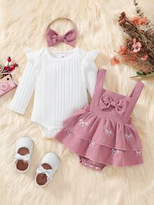 3pcs/Set Baby Girl Outfit White Round Neck Long Sleeve Flutter Sleeve Ribbed Bodysuit Romper Bodysuit And Corduroy Bowknot Suspender Romper Dress And Elastic Hair Tie, Cute Fashion Sweet Spring Autumn Daily Wear Outing Party - Multicolor - View 3