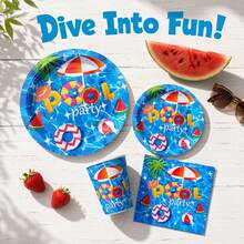 73/25/16pcs Summer Pool Theme Party Disposable Plates, Napkins, Cups Set, Party Supplies For 16 Guests, Disposable Paper Plates Party Tableware Suitable For Birthday, Wedding, Party, Family Picnic - Swimming Pool - View 5