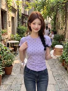 女款韓式圓領修身休閒短袖波點T恤，夏季 - 紫色 - 查看 2