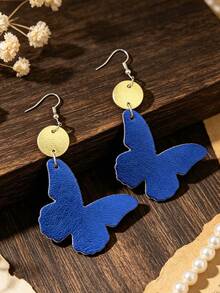 1 Pair Vacation Style Blue Glossy PU Leather Double-Sided Butterfly Patchwork Small Round Disc Dangle Earrings For Women - Dark Blue - View 4