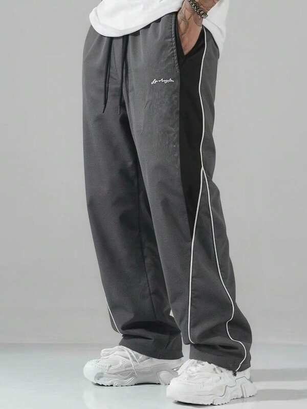 Colorblock Loose Fit Sports Sweatpants, Casual Commute Quick-Dry Joggers With Elastic Drawstring, Grey With Double White Stripes, Suitable For Men's Spring And Autumn Outfits, Versatile Men's Sports Sweatpants