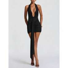 Elegant Vacation Style Backless Neck Wrap Dress - 短款黑色 - 查看 2