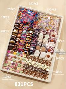 5/12/100/831pcs Multi-Color Value Hair Accessories Set For Kids, Beautiful Bows And Flower Hair Clips, Various Braided Hair Ties And Rubber Bands For Kids Daily Wear, Outings Or Parties - Multicolor - View 4