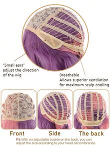 Short Pink And Purple Gradient Heat Resistant Synthetic Cosplay Wig For Anime Characters Halloween Role Play Party Layered Fluffy Style With Natural Curl Ends - Two-Tone - View 9