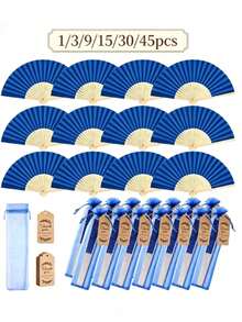 3/15/30 Stücke Faltfächer Set, eleganter königlicher blauer Faltfächer, inklusive Dankeskarte und Geschenktüte, Braut Bambus Handfächer, Hochzeitsgeschenkset, Faltfächer, Dankeskarte Etiketten und Organza Beutel, geeignet für Junggesellinnenabschied, Souvenirs - mehrfarbig - Übersicht 1