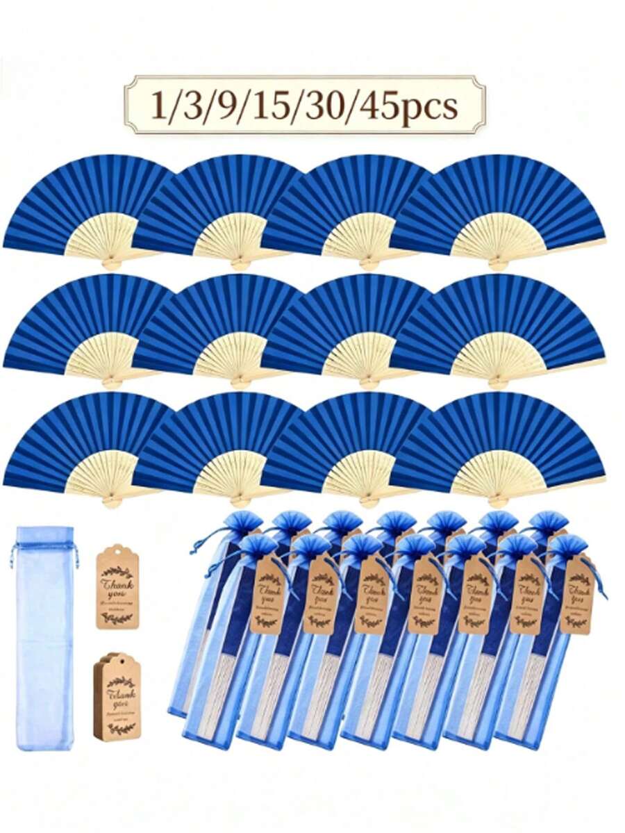 3/15/30 Stücke Faltfächer Set, eleganter königlicher blauer Faltfächer, inklusive Dankeskarte und Geschenktüte, Braut Bambus Handfächer, Hochzeitsgeschenkset, Faltfächer, Dankeskarte Etiketten und Organza Beutel, geeignet für Junggesellinnenabschied, Souvenirs - mehrfarbig - Übersicht 1