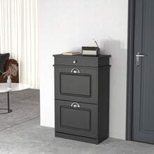 Schuhschrank für den Eingangsbereich – Lackierter Schuhschrank – Doppelschubladen mit großer Lagerkapazität – Stabile Struktur – Humanisierte Griffe – Schlichtes Design – 82 x 52 x 23 cm - Schwarz - Übersicht 4