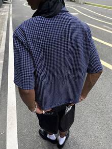 男士藏藍色格子襯衫，尖領帶胸袋，寬鬆短袖紐帶襯衫，夏季街頭風 - 藏蓝色 - 查看 3