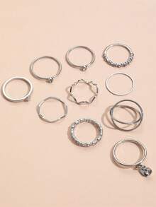 Set de 10 anillos finos plateados minimalistas estilo Ins, anillos apilables con corazón hueco, onda, estrella y strass, anillos de dedo índice elegantes y sencillos para mujer - Plateado - Ver 4