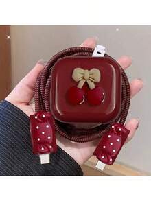 Set de 5 fundas protectoras de cable con diseño 3D de cereza, compatibles con el cargador Apple 20W UK, para prevenir roturas - Burdeos - Ver 9