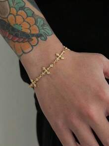 1件時尚十字手鍊，龐克幾何金屬拼接手鍊，適合男士日常與派對穿著，迷人飾品 - A - 查看 2