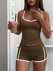 NOIRLYN 女款夏季兩件套配色性感掛脖V領上衣 + 高腰緊身提臀短褲，適合瑜伽、跑步、皮拉提斯、健身房 - 棕色 - 查看 5