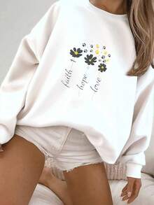 Women's Cotton Blend Lightweight Crewneck Sweatshirt Faith Hope Love Daisy Pattern Casual Outdoor Back To School Holiday Family Daily Wear - White - View 1