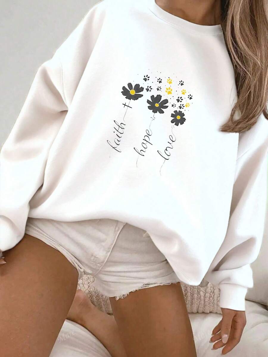Women's Cotton Blend Lightweight Crewneck Sweatshirt Faith Hope Love Daisy Pattern Casual Outdoor Back To School Holiday Family Daily Wear - White - View 1