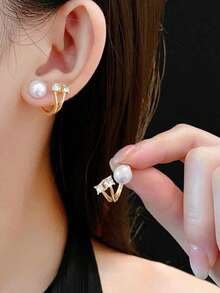 1pc/Set Mermaid Pearl Stud Earrings, Minimalist Fashion Set, Front And Back Wear, Suitable For Daily Wear, Simple And Stylish - Gold - View 8