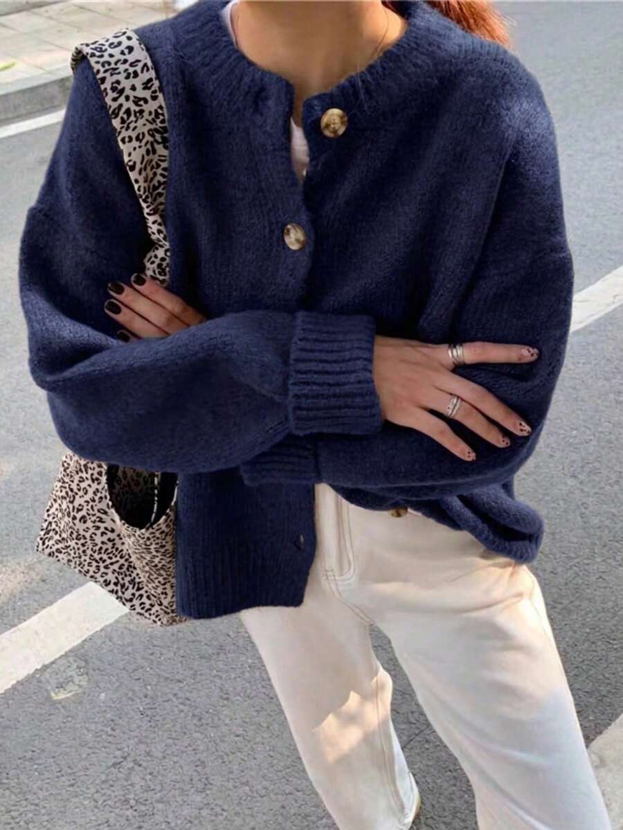 EAVA 女款復古鬆弛感針織開襟毛衣外套，秋冬百搭通勤寬鬆版型，街頭風、靜奢老錢風女裝 - 寶藍色 - 查看 1