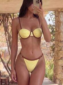 Bikinx Women's Underwire Colorblock Ruched Bust Bikini Set, Spaghetti Strap Backless Tie Swimwear, Suitable For Beach Vacation Summer - Multicolor - View 8