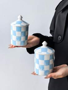 1pc Hand-Painted Checkered Ceramic Storage Jar With Lid, Multi-Color Grid Airtight Container For Kitchen Coffee, Sugar, Tea Storage, Bathroom Vanity Decor - Multicolor - View 7