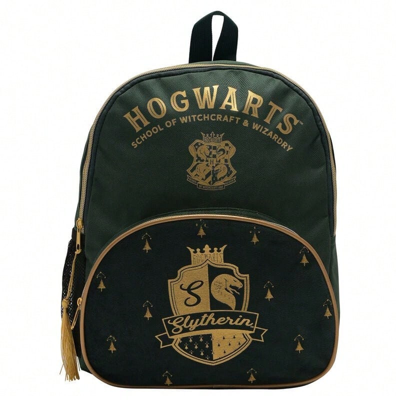 Safta Harry Potter 哈利波特史萊哲林學院背包,綠色,帶有金色霍格華茲校徽,主隔層拉鍊和流蘇,正面口袋和水壺袋 - 選項 2 - 查看 1
