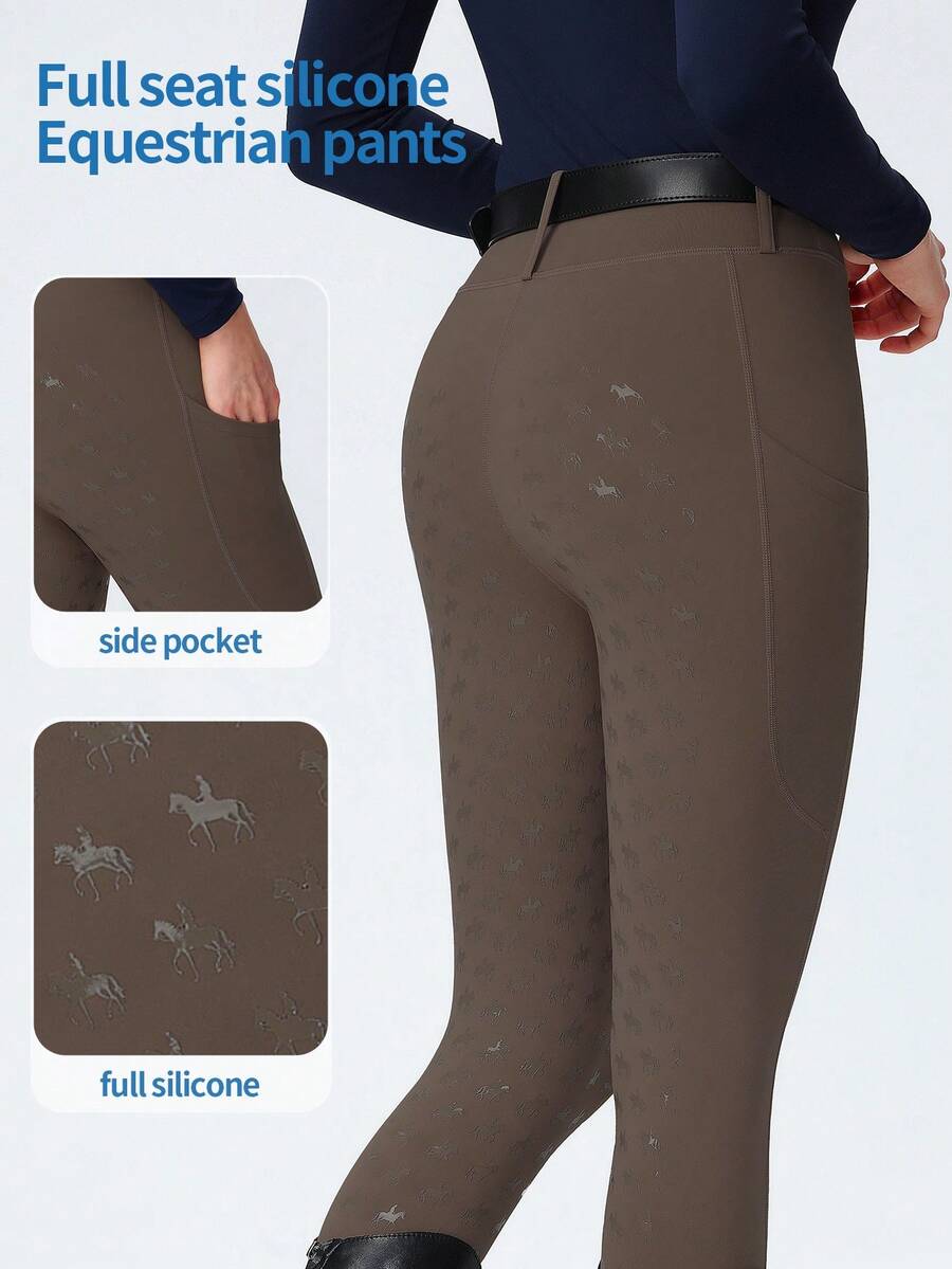 ROYALS MATTINI Women's Equestrian Cycling Pants With Convenient Pockets On Both Sides, Suitable For All Seasons, High Waist Butt-Lifting, All-Match Solid Color Minimalist Versatile, Positioning Print Durable Riding Pants, Professional Competition Training Outdoor Sports Pants - Coffee Brown - View 1